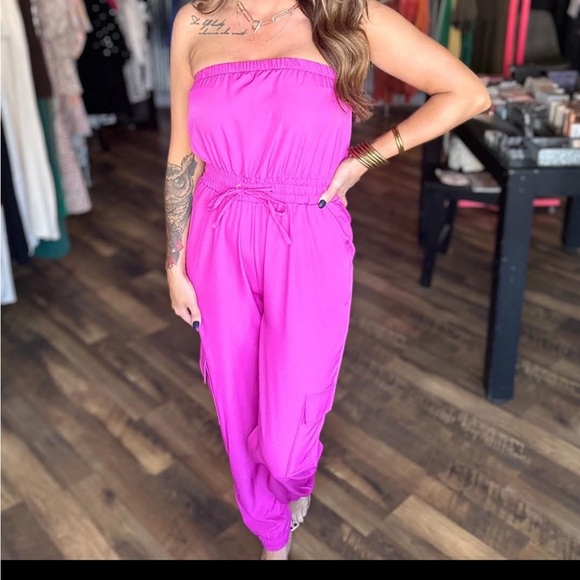 Women's Fuchsia Strapless Jumpsuit - Picture 2 of 5